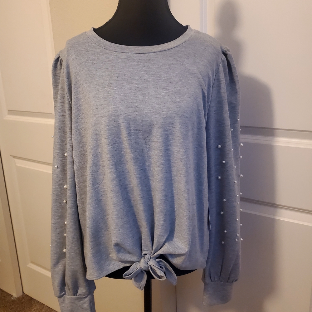 Gray Pearl-Embellished Women's Top